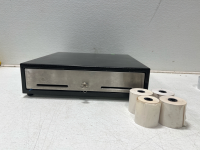 (1) 16&rdquo; Cash Register Drawer With Removable Tray And Lock And Key, And 4 Rolls of Receipt Paper