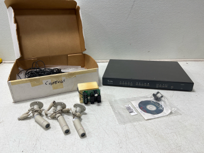 (1) Security Camera System Includes 3 Wall Cameras, 1 Small Hidden Camera, Plugs, Wires, Instructional DVD- Works Good