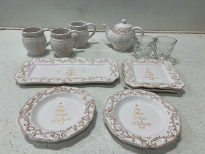 (1) Box Full Of Christmas Themed Dishes- 4 Plates, 1 Platter, 5 Cups, And 1 Teapot