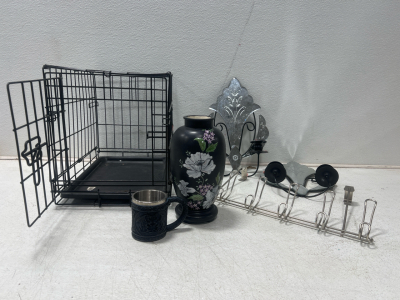 Assorted HomeGoods- Dog Crate, Vase, Over The Door Coat Hanger, And More