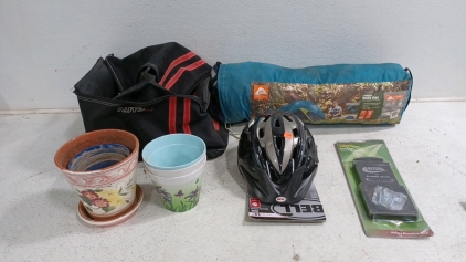 (1) Ozark Trail 2 Person Tent (1) Auto Tour Tool Bag - 2 Compartments (1) Valderrama 3" Bladex Valve (1) Adult Bell Bicycle Helmet (6) Flowerpots