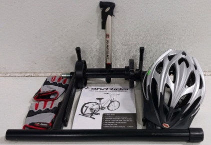 (5) Bicycle Trainer & Gear - (1) LandRider Trainer (1) Bell Helmet (1) Diamondback Pump (1) Pair Gloves (1) Manual