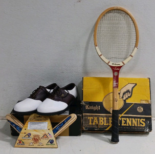 (4) Sports & Game Items - (1) Wilson Tennis Racket (1) FootJoy Golf Shoes - 10W (1) Table Tennis Set (1) Boomerang