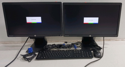 (2) HP EliteDisplay E201 Monitors on Swivel Stand - 20" w/ (1) HP Keyboard (1) HP Mouse (2) VGA Cables (2) Power Cables