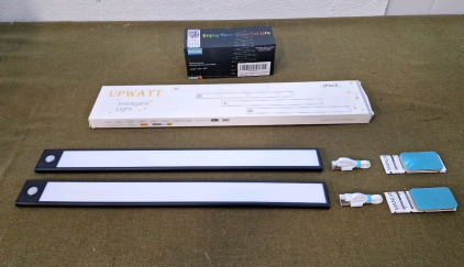 (1) 2-Pack Of UPWATT Motion Sensing Under Cabinet LED Lights, 16" x 1.5", USB Rechargeable, W/ USB Cable, Magnetic Back & Steel Wall Plates & (1) 33-Foot Remote Controlled RGB LED Light String