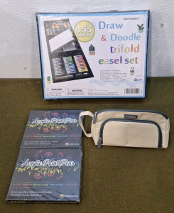 (1) Darnassus 155-Piece Draw & Doodle Trifold Easel Set, (2) 12-Piece Acrylic Paint Pen Sets & (1) Alscool Pen/Pencil Case