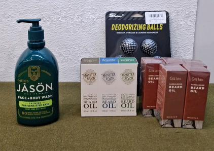 (1) 16-Oz Bottle Of Men's, Jason Face & Body Wash, (1) 3-Pack Of 1-Oz Bottles Of Monster & Son Beard Oil, (5) 1-Oz Bottles Of Gya Labs Sandlewood Beard Oil & (1) 6-Pack Of Shoe/Bag Deodorizer Balls