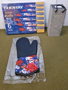 (1) 6-Piece Kitchen Knife Set, (1) Silicone Grip Oven Mitt & (1) Hydrogen Rich Water Bottle.
