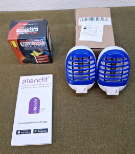 (1) Attendit, Personal Reminder Sensor, (1) Gear Light, Night Owl LED Book Light & (1) 2-Pack Of Power Outlet Bug Zappers