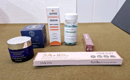(1) 1.76-Oz Jar Of Neal's Yard, Frankincense Intense Age Dfying Cream, (1) 1-Oz Bottle Of Super Vitamin C Serum, (1) 90-Count Bottle Of New Nival Aloe Facial Serum Capsules, (1) 0.5-Oz Tube Of Cherry Lip Balm Butter & (1) 3-Piece Set Of 3A&divide; Acrylic Nail 