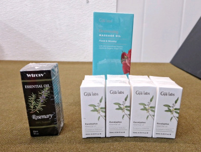(1) 1-Oz Bottle Of Rosemary, Therapudic Grade Essential Oil, (8) 0.34-Oz Bottles Of Eucalyptus Essential Oil & (1) 7.76-Oz Bottle Of Destressing Massage Oil