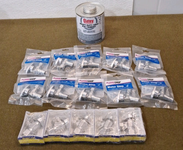 (5) Brass Craft 1/2" Nom Compr. (5/8" OD) x 3/8" O.D. Compr. Angle Stop Valves, 1/4-Turn, Chrome, (10) Plumb Shop Water Stop Valves 1/2" NOM Cold Expansion Barb x 3/8" OD Comp Angle & (1) 32-Oz Can Of Oatey Heavy Duty Grey PVC Cement