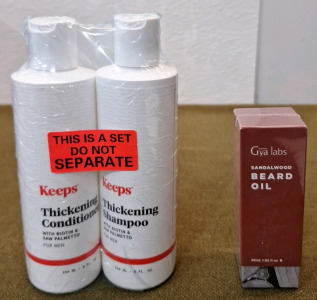 (1) Keeps Hair Growth Shampoo & Conditioner Set - Treatment For Thinning Hair and Hair Regrowth - Men's Hair Products Infused with Biotin, Caffeine, & Saw Palmetto, 8-0z Bottles & (1) 1-Oz Bottle Of Gya Labs Sandalwood Beard Oil
