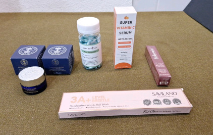 (2) 0.53-Oz Jars Of Neal's Yard, Frankincense Intense Age Dfying Cream, (1) 1-Oz Bottle Of Super Vitamin C Serum, (1) 90-Count Bottle Of New Nival Aloe Facial Serum Capsules, (1) 0.5-Oz Tube Of Cherry Lip Balm Butter & (1) 3-Piece Set Of 3A&divide; Acrylic Nail