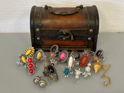 Costume Jewelry and Small Wood Chest