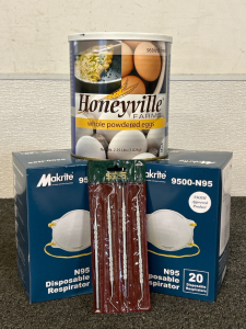 Can of Honeyville Farms Whole Powdered Eggs, Makrite 9500-N95 Disposable Respirators, and A (4) Pc Dental Pick Hobby Set