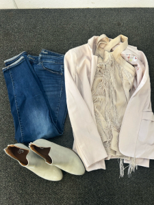 Size 8 Boots, Jeans, Cover Over, And Fringe Shirt