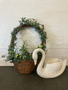 Hanging Basket & Glass Swan
