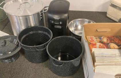 Crock Pot, Coffee Maker, Assorted Pots, & Cooking Magazines