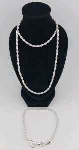 (2) Silver Rope Chains - 925 Necklace & Bracelet