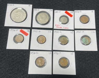 (1) 1978 One Dollar Coin (1) 1991 Quarter (1) 2013 Dime And (7) Pennies 1935-1956