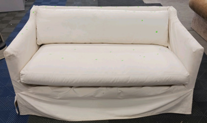 (1) White Upholstered Loveseat W/ White Cover - Duck Down & Duck Feather Cushions - Approx. 60"x35"x34"H