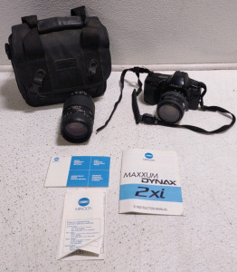 Minolta Maxxum 2xi 35mm SLR Film Camera w/ its Lenses, Instruction Manual, & Camera Bag