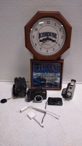 (4) Assorted Types of Vintage Cameras & a 13"x 24"x 2½" "IceHouse-Plank Road Brewery Ice Brewed- 1855" Wall Clock