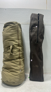 (1) Vintage US Army Extreme Cold Sleeping Bag, (1) Maccabe Folding Outdoor Camping Chair w/ Storage Bag (Brown)