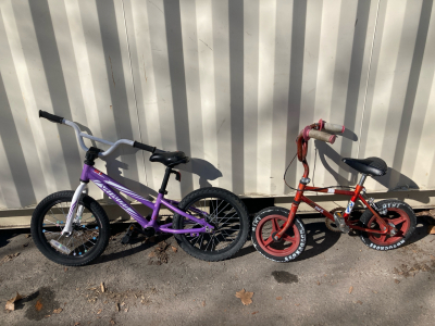 (1) 16” White + Purple Hotrock Specialized Kids Bike, (1) Vintage BMX Kids Bike