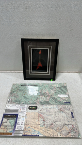 Framed Small Guitar in Recessed Frame (11” x 14”), Laminated Map of Boise North and Bogus Basin (20” x 18.5”), (4) Various Maps