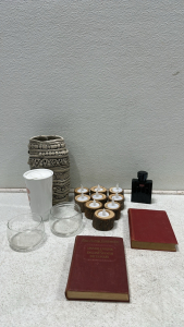 (9) Electric Candles in Wood, Handmade Ceramic Vase, (2) English Dictionaries, (2) Small Glass Bowls, Ceramic Coffee Travel Cup, Renegade Man Cologne