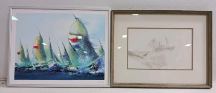 (2) Framed Artwork - (1) Abstract Sailing Print - Custom Frame (1) Fish Sketch - Great Frame