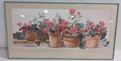 (1) Framed Watercolor Art - Potted Flowers - Metal Frame - Nice!