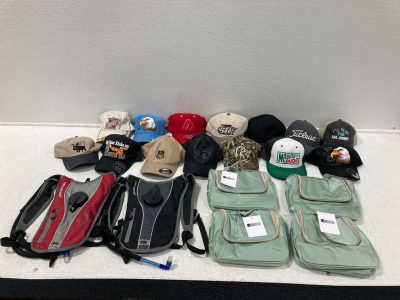 (14) Hats, (2) High Sierra Hydration Packs, (4) Ccidea Cosmetics Bags