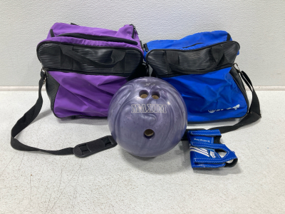 Maxim Bowling Ball, (2) Bowling Ball Bags, Wrist Master 2