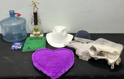 (1) Bowling Trophy (1) Phase 10 Game (1) Purple Heart Pillow (1) Water Jug (1) Animal Skull (2) Hats (1) Rifle/gun soft sided carrying case