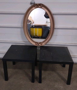 (2) 20"x 20"x 17¾" Black Wooden Mid-Century End Tables w/ a 23"x 31" Oval Shaped Wall Mirror