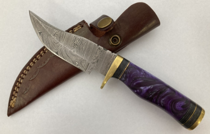 Fixed Blade Damascus Knife With Leather Sheath