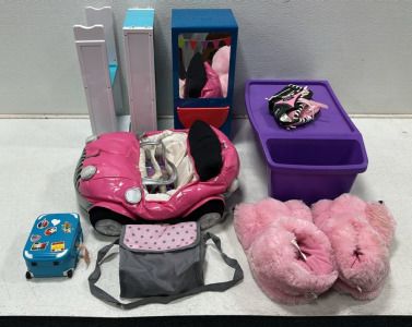 Assortment of Various Girls Toys Including - Toy Shelves, Puffy Walker Car, Fuzzy Claw Slippers, Pink and Black Baseball Mitt, and More