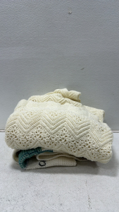 (1) Large White Knitted Blanket, (1) Knitted Blanet w/ Various Car Designs