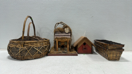 (2) Handmade Wooden Bird Houses, (4) Various Size Wicker Baskets