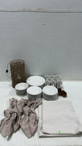 Large Set of White Ceramic Dishware Including: Small & Large Plates, Bowls, and Coffee Cups, Wicker Light Table Decor, White Cloth Table Runner, (5) Grey Cloth Table Mats