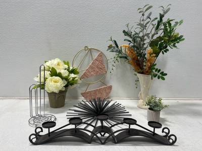 Assorted Home Decor- Candle Holders, Fake Plants, Vases, And Wall Decor