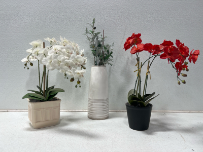 (3) Fake Plant Decor And Vases