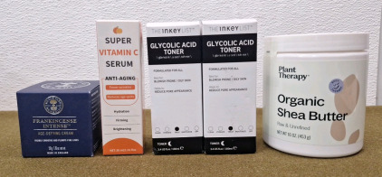 (1) 1.76-Oz Jar Of Neal's Yard, Frankincense Intense Age Dfying Cream, (1) 1-Oz Bottle Of Super Vitamin C Serum, (2) 3.4-FlOz Bottles Of Glycolic Acid Toner & (1) 16-Oz Jar Of Plant Therapy, Organic, Raw & Unrefined Shea Butter