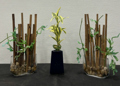 (2) Planted Bamboo Decor Pieces (1) Japanese Style (faux) Plant In Vase