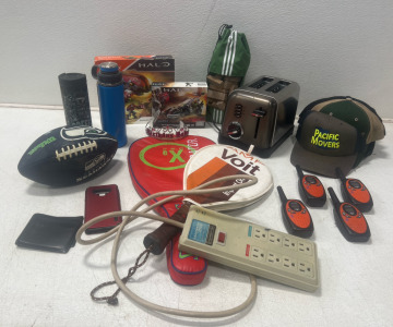 Assorted Home Items- Tennis Rackets, Hats, Toaster, Jenga, Puzzles, Walkie Talkies, Extension Chord And Much More