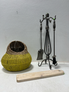 (1) Fireplace Tool Set With Brush and Shovel, Wicker Basket, and Wall Decor