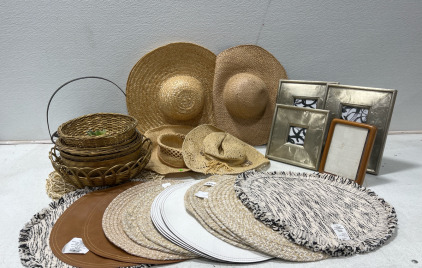 Assorted Home Decor- Picture Frames, Wicker Baskets, Sun Hats, And Placemats